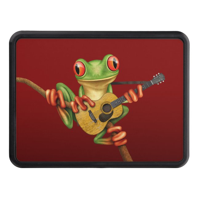 Cute Tree Frog Playing an Acoustic Guitar Red Trailer Hitch Cover (Front)