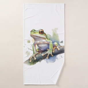 cute tree frog sitting on a branch in watercolor bath towel