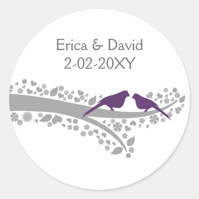 cute tree purple lovebirds wedding favour stickers (Front)