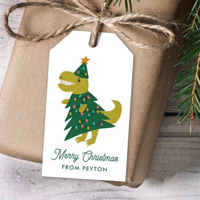 Cute Tree Rex Dinosaur Christmas Tree Kids Gift Tags (Creator Uploaded)