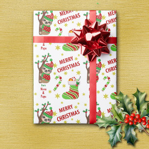 Cute Tree Sloth and Christmas Stocking Kids Wrapping Paper