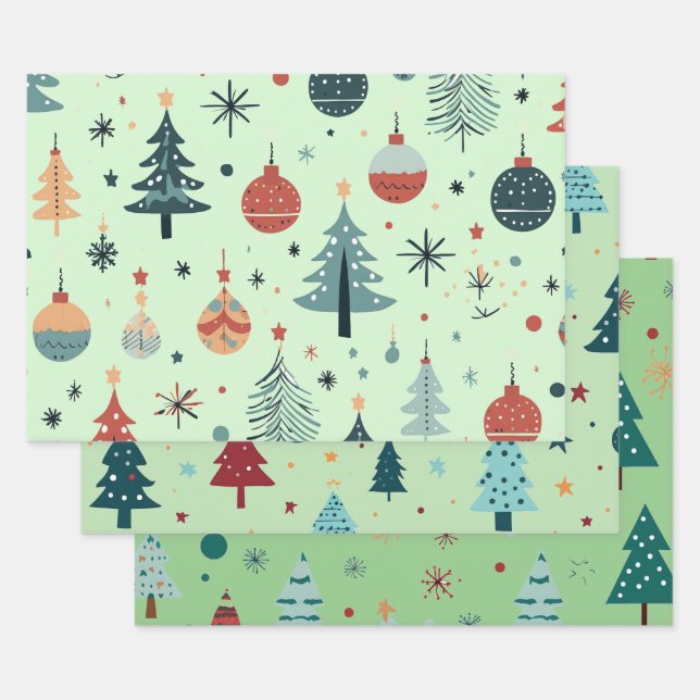 Cute Trees Christmas Holiday Winter Coordinating  Wrapping Paper Sheet (Set)