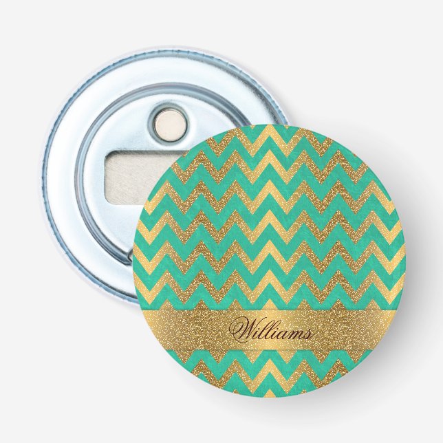 Cute trendy chevron zigzag faux gold glitter bottle opener (Front)