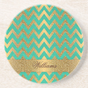 Cute trendy chevron zigzag faux gold glitter coaster