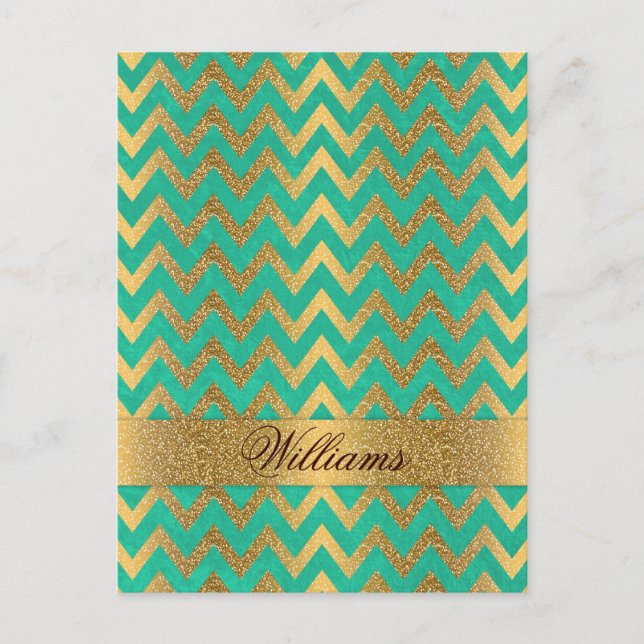 Cute trendy chevron zigzag faux gold glitter postcard (Front)