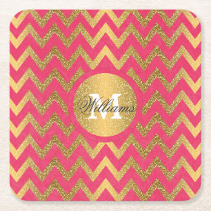 Cute trendy chevron zigzag faux gold glitter square paper coaster