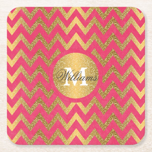 Cute trendy chevron zigzag faux gold glitter square paper coaster (Front)