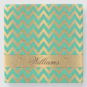 Cute trendy chevron zigzag faux gold glitter stone coaster