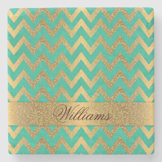 Cute trendy chevron zigzag faux gold glitter stone coaster (Front)