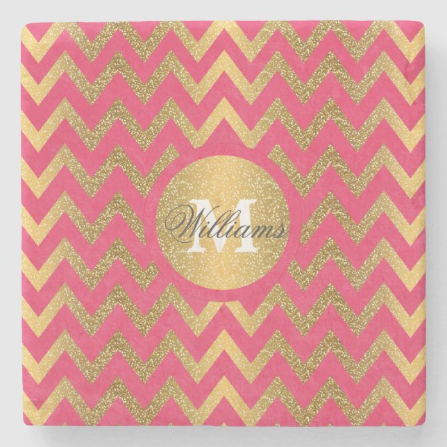 Cute trendy chevron zigzag faux gold glitter stone coaster (Front)