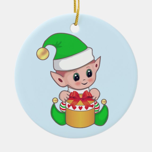 Cute trendy Christmas elf on light blue Ceramic Ornament (Front)
