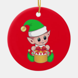 Cute trendy Christmas elf on red Ceramic Ornament