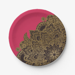 Cute trendy faux gold glitter flower henna paper plate