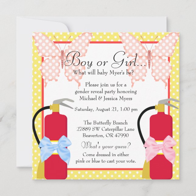 Cute Trendy Fire Fighter & Butterfly Gender Reveal Invitation (Front)