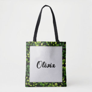 Cute Trendy Girly Cartoon Leaves Olivia Name Tote Bag