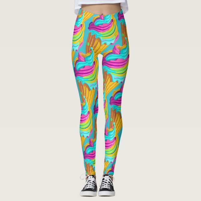 Cute Trendy Girly Hot Pink Neon Ice Cream Pattern  Leggings (Front)