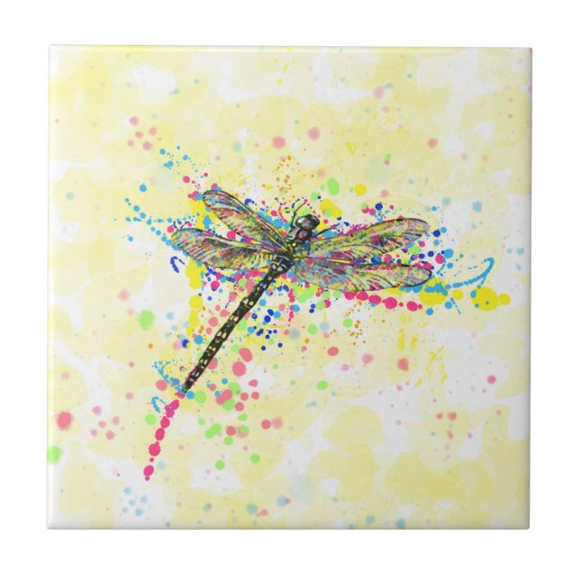 Cute trendy girly watercolor splatters dragonfly tile (Front)