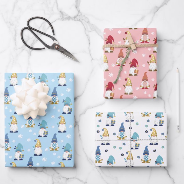 Cute Trendy Gnomes Blue Pink Gold White Wrapping Paper Sheet (Front)