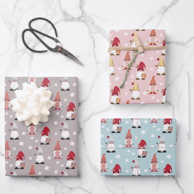 Cute Trendy Gnomes Grey Pink Red White Blue Wrapping Paper Sheet (Front)