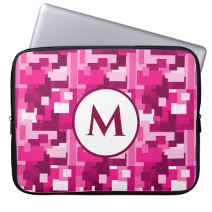 Cute Trendy Hot Pink Digital Camo Pattern Monogram Laptop Sleeve
