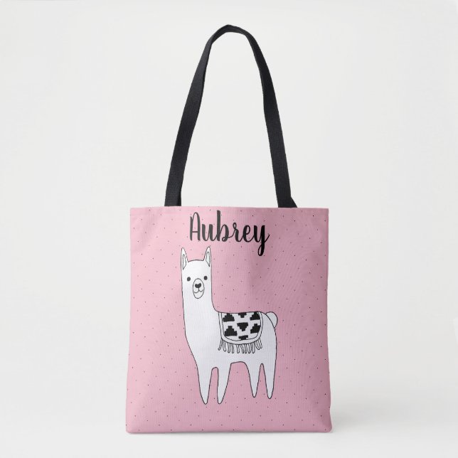 Cute Trendy Llama Sketch & Name Tote Bag (Front)