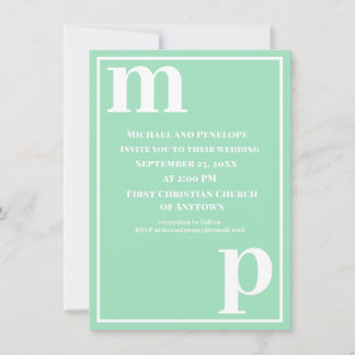 Cute Trendy Monogram Sea Foam Green Wedding Invitation