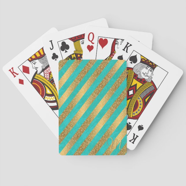 Cute trendy monogram stripes faux gold glitter playing cards (Back)