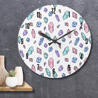 Cute Trendy Pastel Gemstones Gems Crystal Pattern Large Clock