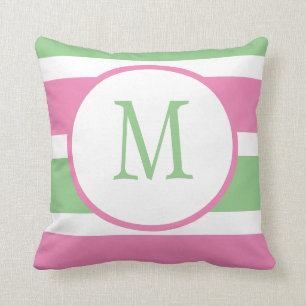 Cute Trendy Pink and Green Stripe Monogram Throw Pillow