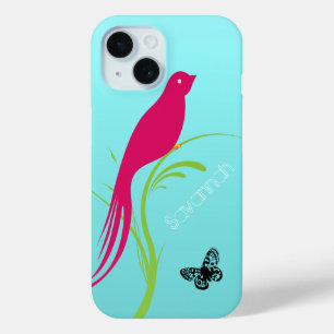 Cute Trendy  Pink Swallow Bird Butterfly on Aqua iPhone 15 Case