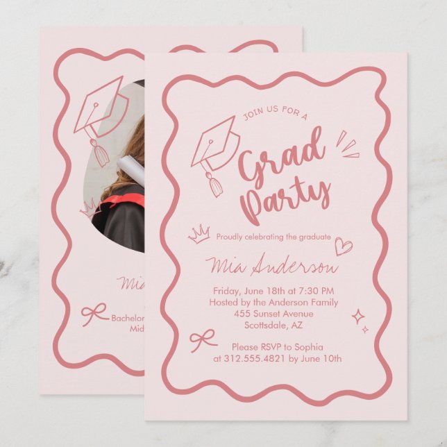 Cute Trendy Pink Wavy Border Graduation Invitation (Devant / Derrière)