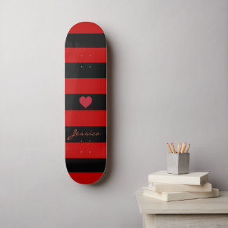 Cute Trendy Red Black Stripes Heart Personalized Skateboard