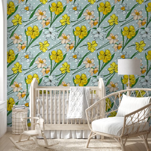 Cute trendy retro Elegant ink art floral Blue Wallpaper (Kids)