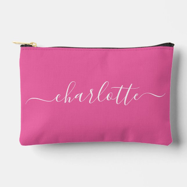 Cute Trendy Script Name Personalized Hot Pink Accessory Pouch (Front)