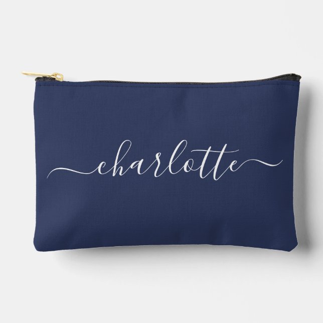 Cute Trendy Script Name Personalized Navy Blue Accessory Pouch (Front)