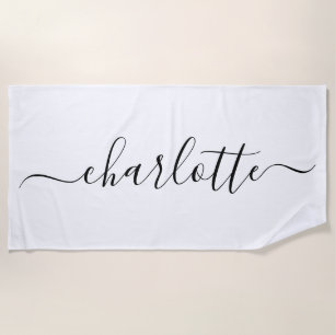 Cute Trendy Script Name Personalized White Beach Towel