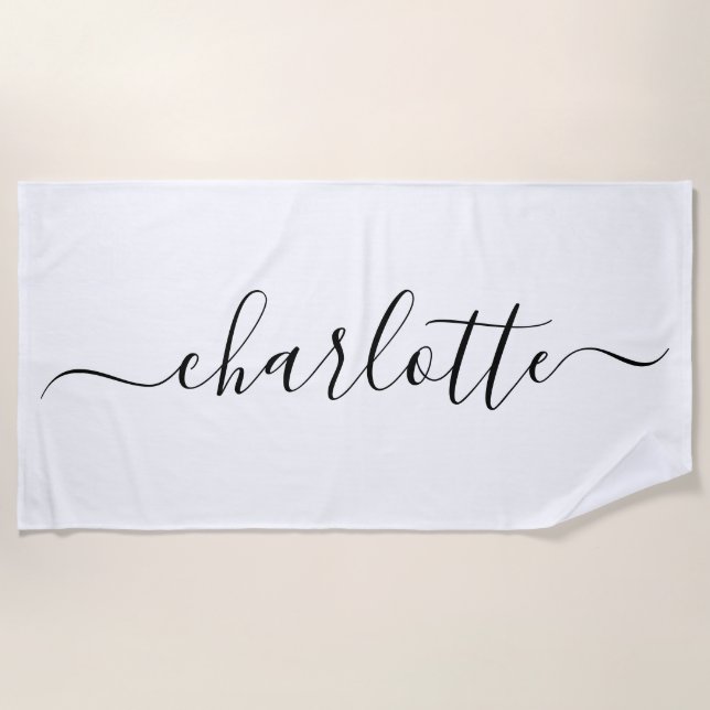 Cute Trendy Script Name Personalized White Beach Towel (Front)