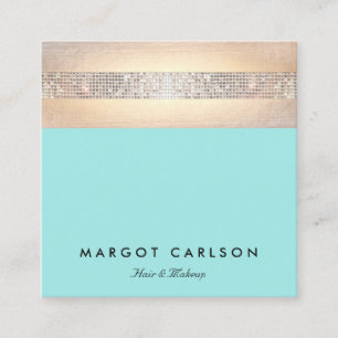 Cute Trendy Sequin and Gold Stripes Turquoise Square Business Card