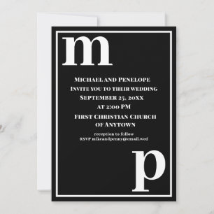 Cute Trendy Stylish Monogram Black Wedding Invitation