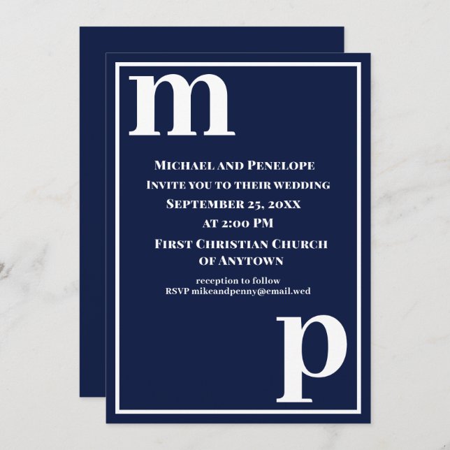 Cute Trendy Stylish Monogram Navy Blue Wedding   Invitation (Front/Back)