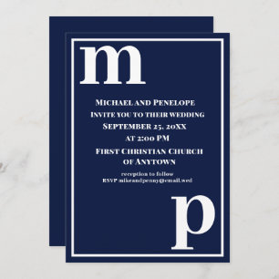 Cute Trendy Stylish Monogram Navy Blue Wedding Invitation