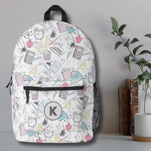 Cute Trendy Teacher School Pattern Monogram Printed Backpack (Cute Trendy Teacher Modern Colorful School Pattern Printed Backpack)