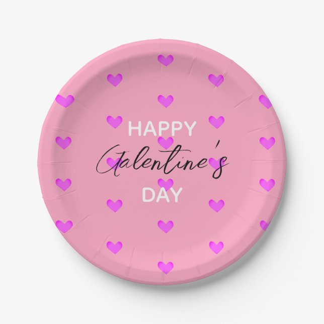 Cute Trendy Typography Pink Happy Galentines Day Paper Plate (Front)