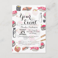 Cute Trendy Watercolor Sushi Sake and Chopsticks