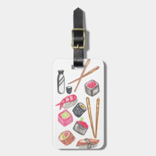 Cute Trendy Watercolor Sushi Sake and Chopsticks Luggage Tag