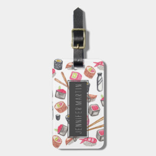Cute Trendy Watercolor Sushi Sake and Chopsticks Luggage Tag