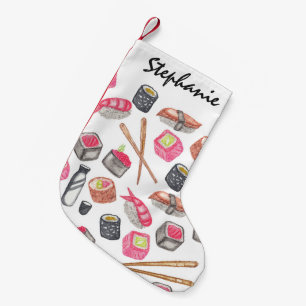 Cute Trendy Watercolor Sushi Sake and Chopsticks Small Christmas Stocking