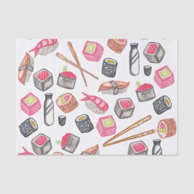 Cute Trendy Watercolor Sushi Sake and Chopsticks Tissue Paper (Front)