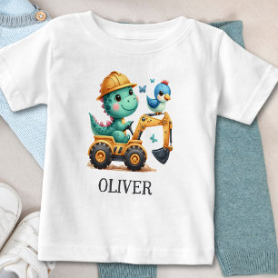 Cute Trex Dinosaur Driving a Construction Vehicle Baby T-Shirt