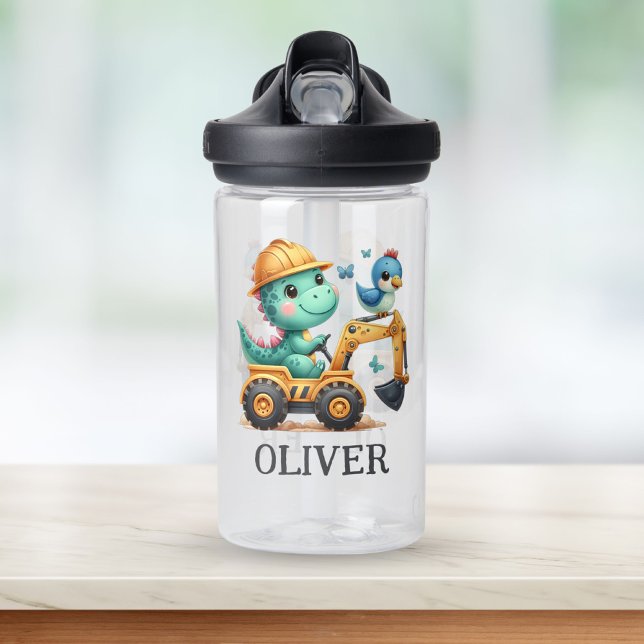 Cute Trex Dinosaur Driving a Construction Vehicle Water Bottle (Creator Uploaded)